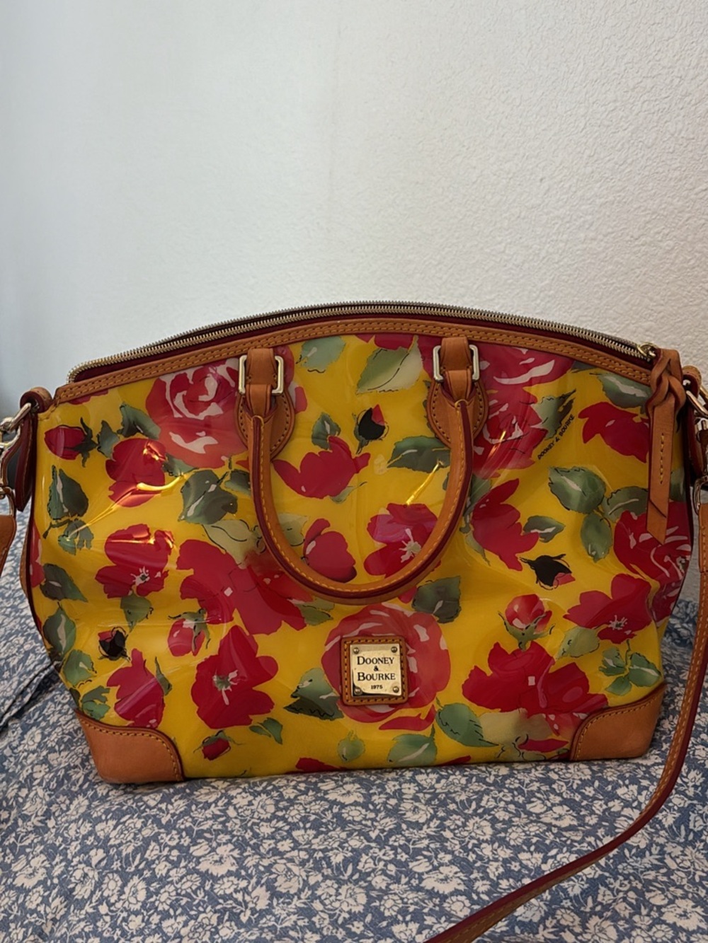 Dooney & Bourke Yellow Floral Patent Satchel with Red Blooms and Tan Trim